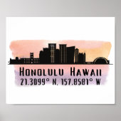 Honolulu Skyline Latitude and Longitude Print ポスター (正面)