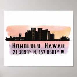 Honolulu Skyline Latitude and Longitude Print ポスター