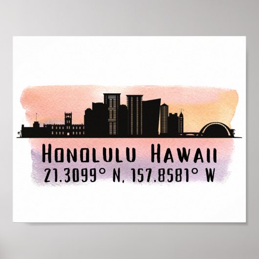 Honolulu Skyline Latitude and Longitude Print ポスター (正面)