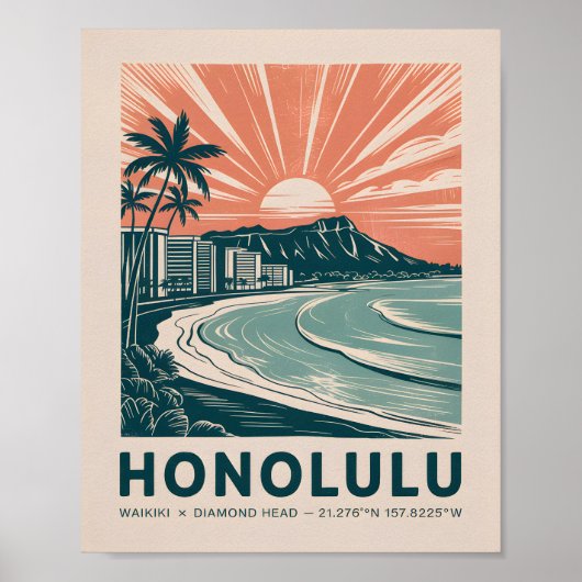 Honolulu Waikiki Diamond Head Scenic Retro Travel ポスター (正面)