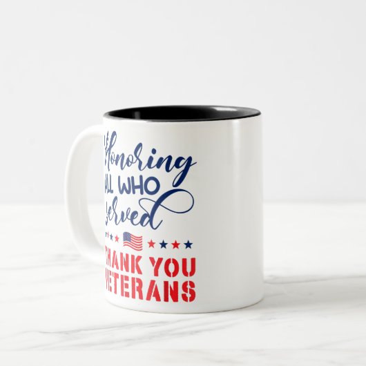 Honoring All Who Served軍隊フラグThank You Ve ツートーンマグカップ (正面左)