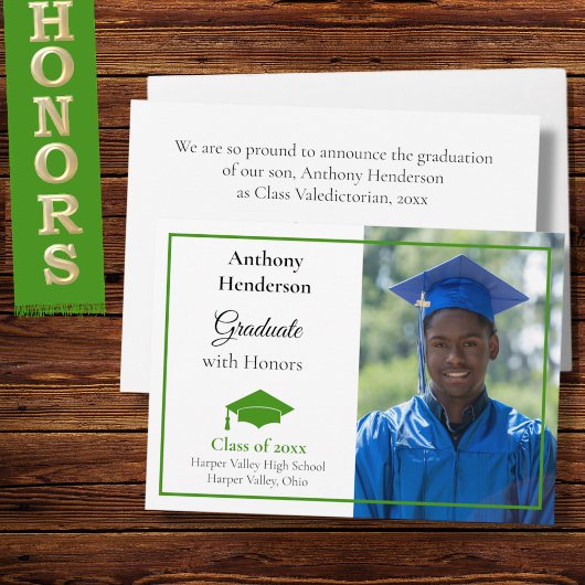 Honors Graduation Announcement Green Cap and Photo 案内状