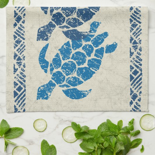 Honuのウミガメのハワイの樹皮布のろうけつ染め-インディゴ キッチンタオル (折り畳み)