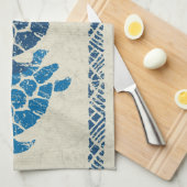 Honuのウミガメのハワイの樹皮布のろうけつ染め-インディゴ キッチンタオル (四つ折り)