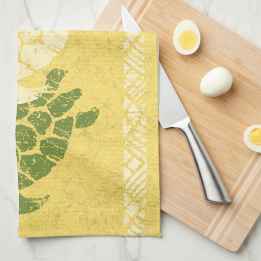 Honuのウミガメのハワイの樹皮布のろうけつ染め-バナナ キッチンタオル (四つ折り)