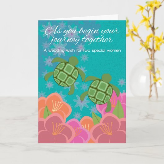 Honuのウミガメのレズビアンの結婚式のお祝い カード (黄色い花)