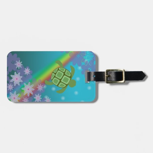 Honuのウミガメの熱帯水泳の虹および花 ラゲッジタグ (正面横)
