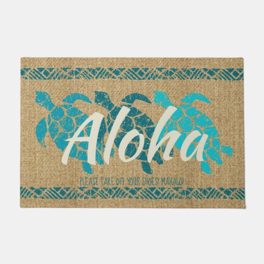 Honuの海の三倍のカメのハワイの樹皮布のティール(緑がかった色) ドアマット (正面)