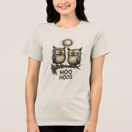 HOO HOOS グランジスタイルのフクロウイラスト – スケッチ風のインク トライブレンドＴシャツ