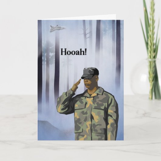 Hooah Army Card with Saluting Man Trees & Jet カード (正面)