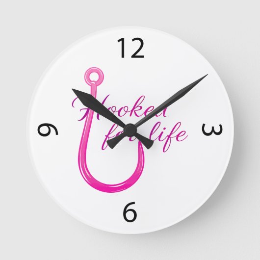 Hooked for Life Pink Fishing Hook ラウンド壁時計 (正面)