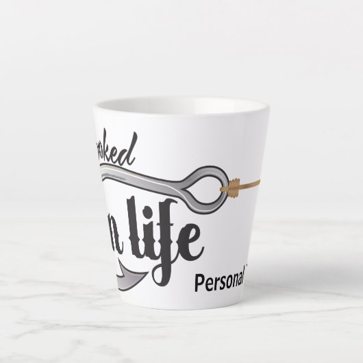 "Hooked On Life" hook illustration, personalize カフェラテマグ (正面)