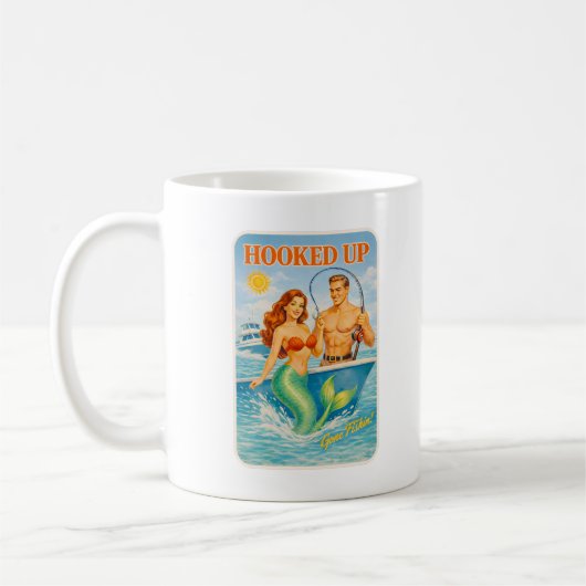 Hooked Up Retro Pin-Up Mermaid | Coastal Fishing コーヒーマグカップ (左)