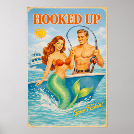 Hooked Up Retro Pin-Up Mermaid | Fishing Boat Art ポスター