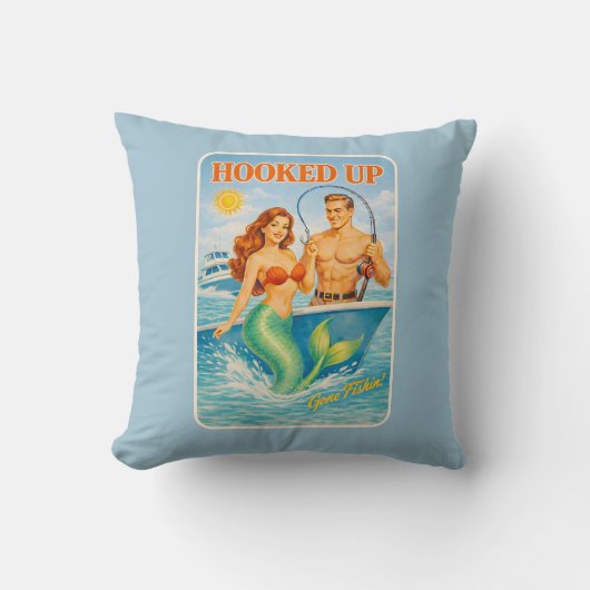 Hooked Up Retro Pin-Up Mermaid | Fishing Boat Blue クッション (正面)
