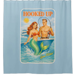Hooked Up Retro Pin-Up Mermaid | Fishing Boat Blue シャワーカーテン