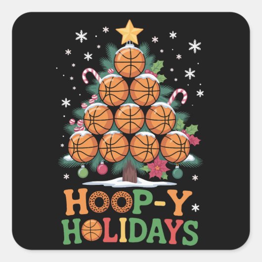Hoop-y Holidays Basketball Christmas Holiday Sport スクエアシール (正面)