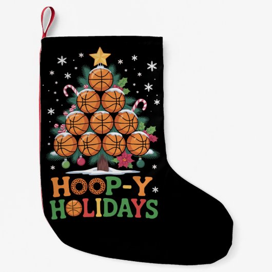 Hoop-y Holidays Basketball Christmas Holiday Sport スモールクリスマスストッキング (正面)