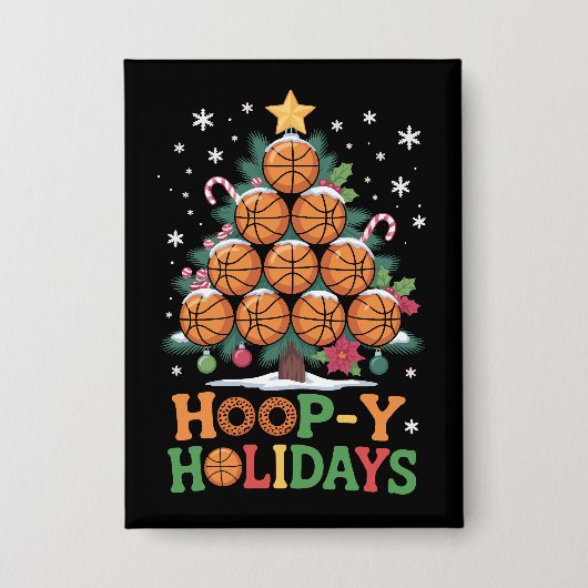 Hoop-y Holidays Basketball Christmas Holiday Sport 缶バッジ (正面)