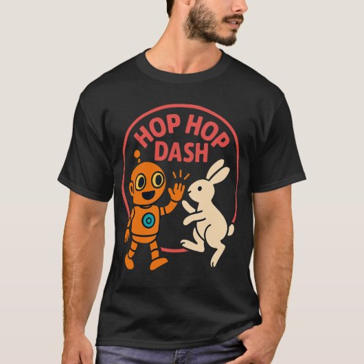 Hop Hop Dash – Cute Orange Robot and White Rabbit Tシャツ (正面)