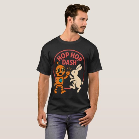 Hop Hop Dash – Cute Orange Robot and White Rabbit Tシャツ (正面フル)