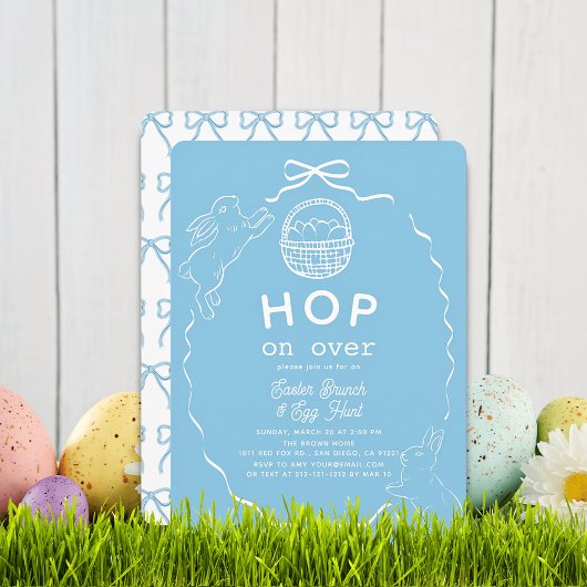 Hop on Over Blue Bow Bunny Easter Brunch 招待状