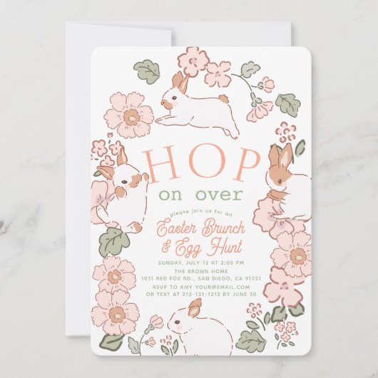 Hop on Over Bunny Boho Floral Easter Brunch 招待状 (正面)