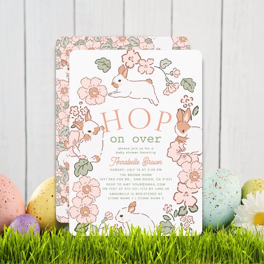 Hop on Over Bunny Boho Floral Girl Baby Shower 招待状