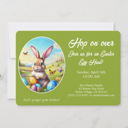 Hop on Over Easter Egg Hunt Bunny Green -  招待状 (正面)