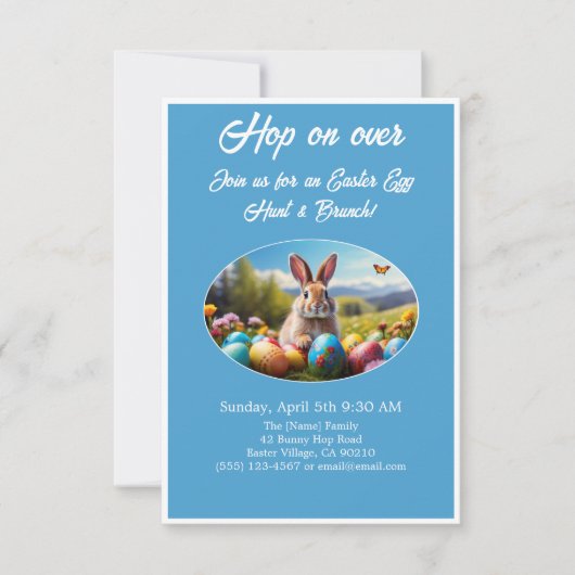 Hop on Over Egg Hunt Brunch Easter Rabbit blue -  招待状 (正面)