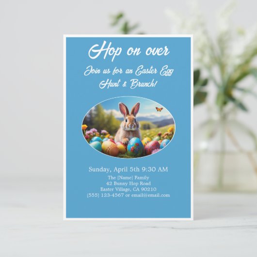 Hop on Over Egg Hunt Brunch Easter Rabbit blue -  招待状 (スタンド正面)