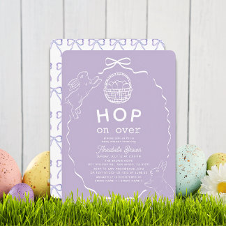 Hop on Over Lavender Bow Bunny Baby Shower 招待状