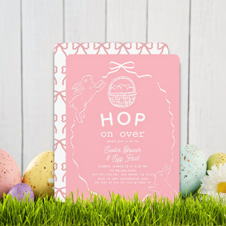 Hop on Over Pink Bow Bunny Easter Brunch 招待状