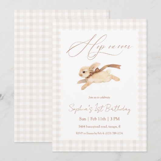 Hop on Over Running Bunny Birthday 招待状 (正面/裏面)