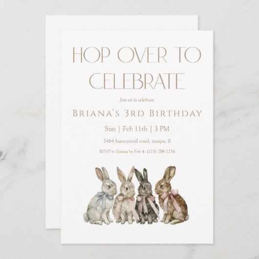 Hop Over Bunny Birthday 招待状 (正面/裏面)