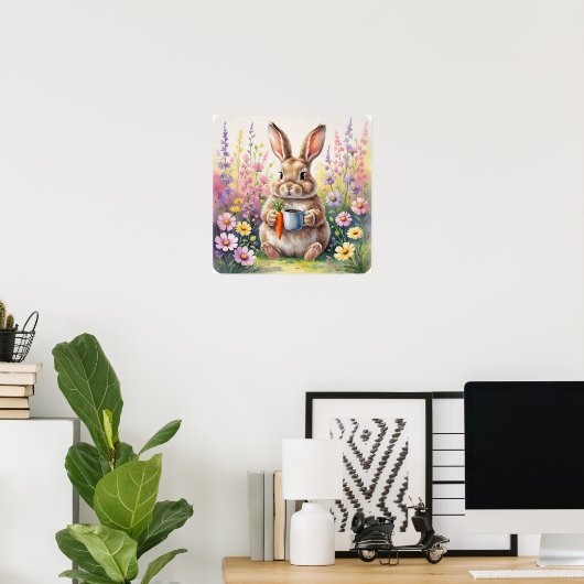 Hop & Sip – キャロットカップポスター付き可愛いウサギ ポスター (ホームオフィス)