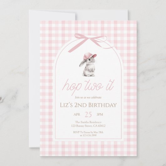 Hop Two It Pink Gingham Bunny 2nd Birthday 招待状 (正面)