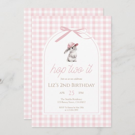 Hop Two It Pink Gingham Bunny 2nd Birthday 招待状 (正面/裏面)