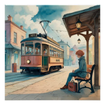 HOPEステーション – 情感あふれる水彩の路面電車ポスター