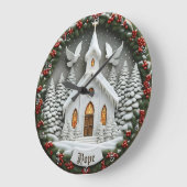 Hope White Church Snow Doves ラージ壁時計 (傾斜)