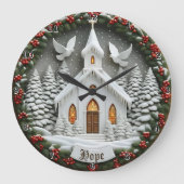 Hope White Church Snow Doves ラージ壁時計 (正面)