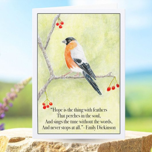 Hope with Bull Finch and Emily Dickinson's Quote カード