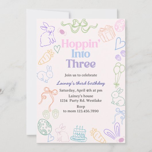 Hoppin’ Into Three Birthday Invitation – Bunny 3rd 招待状 (正面)