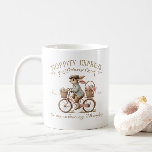 Hoppity Express Bunny Delivery Vintage Art コーヒーマグカップ (ドーナツ)
