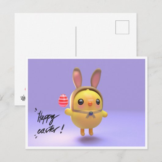 Hoppy Chickling-Easter chicklet with bunny hat シーズンポストカード (正面/裏面)