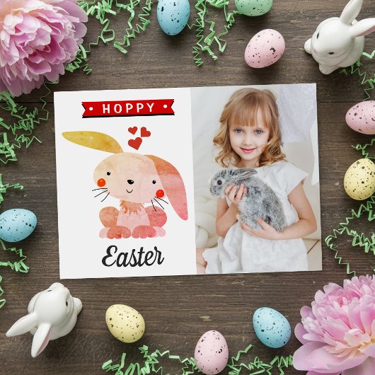 "Hoppy Easter" かわいいウサギのイースターフォト カード