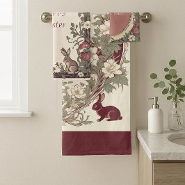 Hoppy Easter Bunny Art Nouveau Burgundy Farmhouse バスタオルセット