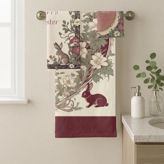Hoppy Easter Bunny Art Nouveau Burgundy Farmhouse バスタオルセット