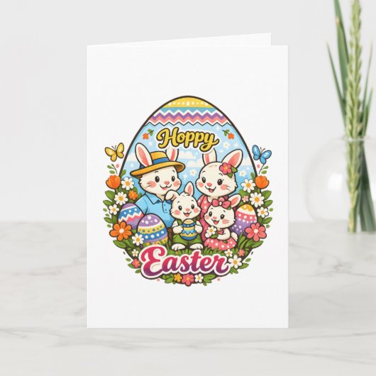 Hoppy Easter Colorful Cartoon Bunny Family Graphic シーズンカード (正面)
