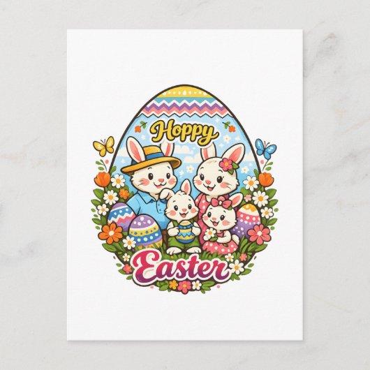 Hoppy Easter Colorful Cartoon Bunny Family Graphic シーズンポストカード (正面)